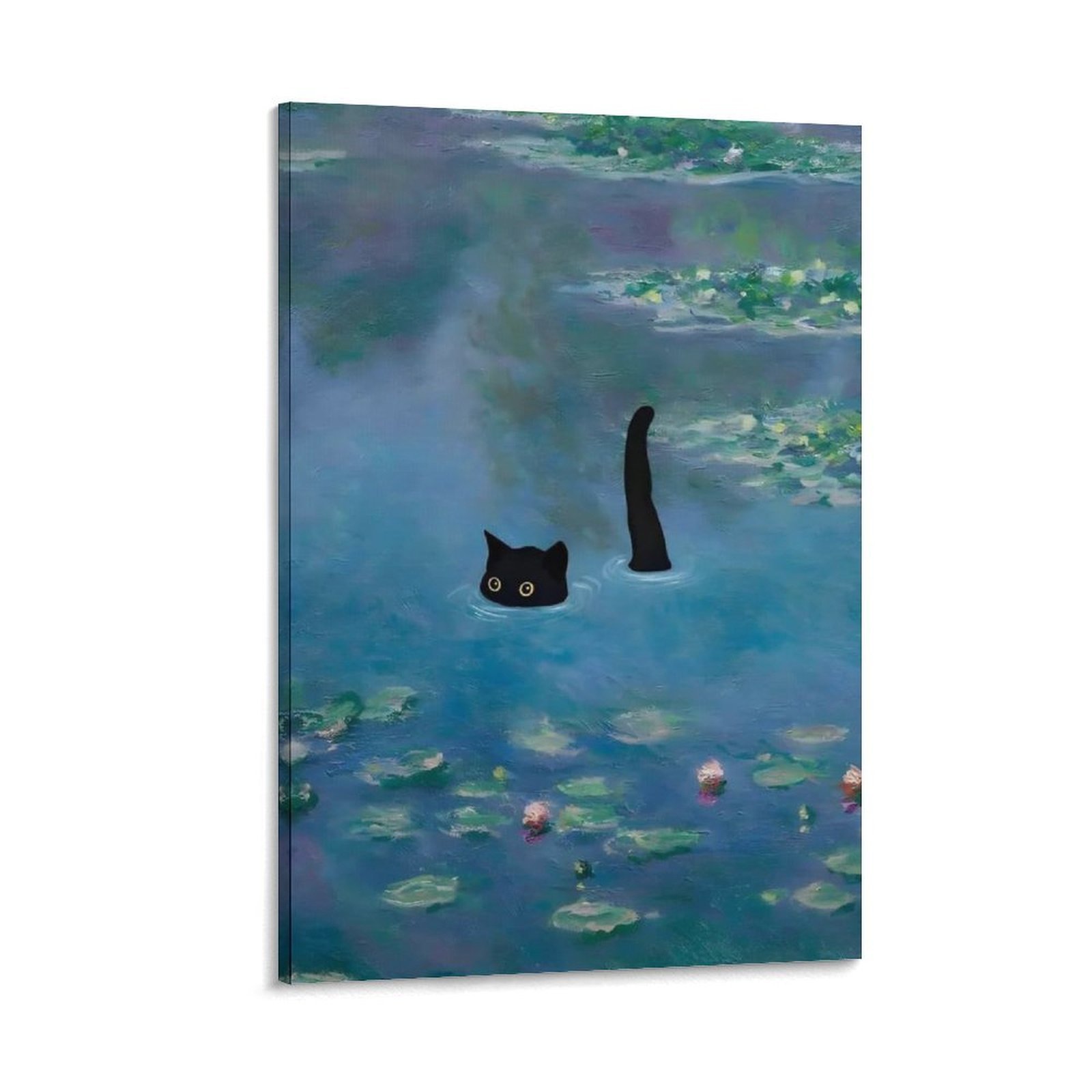 Funny Cat Wall Art Monet Black Cat in Water Lily Pond Canvas Painting ...
