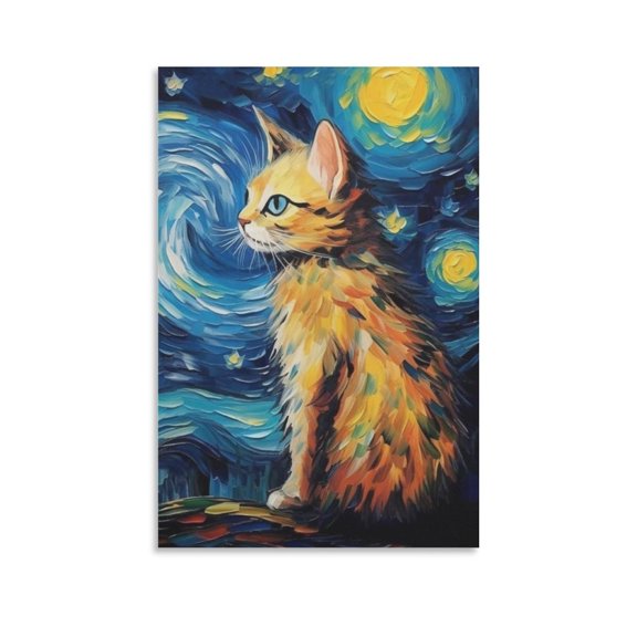 Funny Cat Wall Art Van Gogh Starry Sky with Cat Canvas Painting Cat Lovers Painting Gift Posters Wall Art Painting Canvas Gift Living Room Prints Bedroom Decor Poster Artworks 16x24inch(40x60cm)