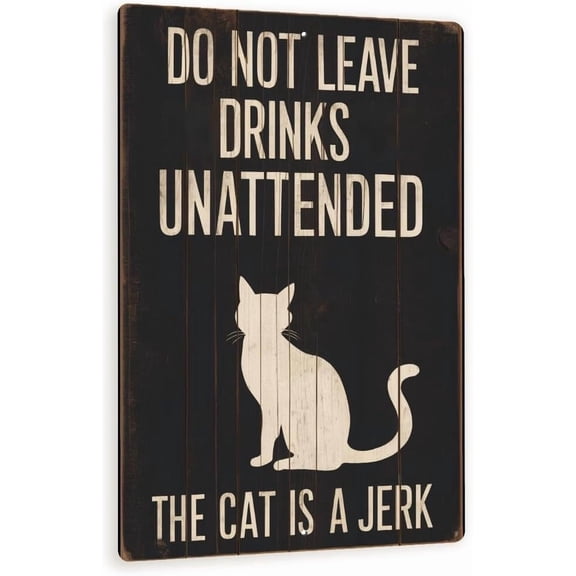 Funny Cat Wall Sign  Do Not Leave Drinks Unattended  Rustic Metal Cat Decor For Home, Kitchen, Or Bar  The Cat Is A Jerk Sign 8x12