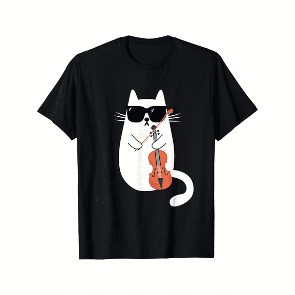 Funny Cat Wearing Sunglasses Playing Violin Viola Musician T-Shirt Cotton Fun Design DIYMen's Soft breathable Summer and winter comfortable casual sports Halloween and Christmas gifts