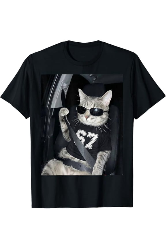 Funny Cat Wearing Sunglasses and Seatbelt 67 Meme T-Shirt