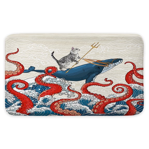 Funny Cat Whale Bath Mat, Red Kraken Octopus Japanese Ocean Wave Bath Rug, Chinese Auspicious Clouds Non Slip Bathroom Rug, Fun Animal Nautical Bathroom Decor 17x29 Inch
