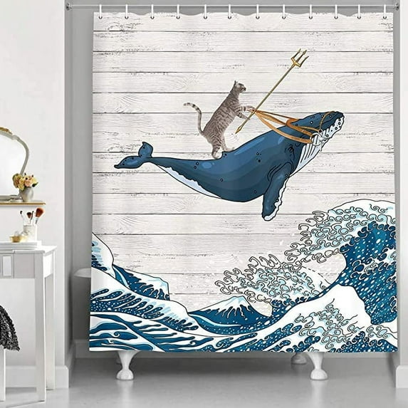Funny Cat Whale Shower Curtain, Cool Cat Riding Whale with Japan Kanagawa Waves on Rustic Wooden Shower Curtain Cute Kids Decor, Polyester Fabric Farmhouse Shower Bathroom Decor, 70X70IN Gray Blue