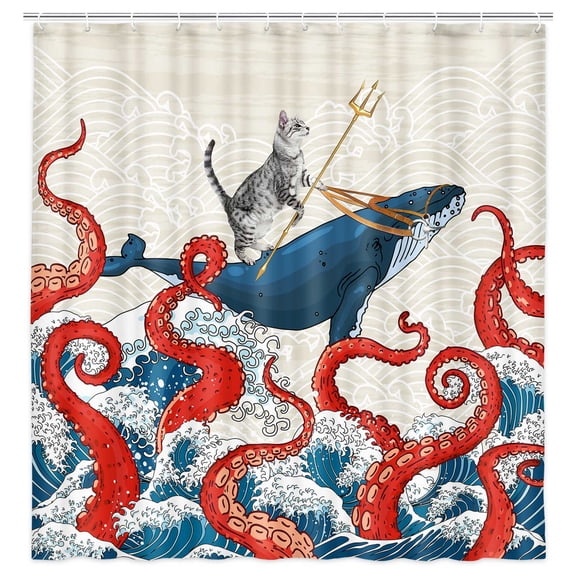 Funny Cat Whale Shower Curtain, Red Kraken Octopus Japanese Ocean Wave with Chinese Auspicious Clouds Shower Curtain with Hooks, Fun Animal Nautical Fabric Bathroom Curtain 69W X 70L Inch