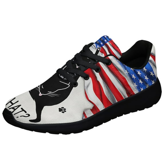 Funny Cat What American flag Shoes Sneakers for Women Men Black Size 11.5
