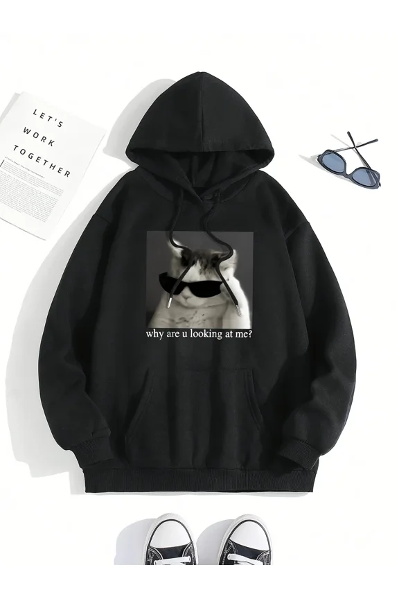 Funny Cat Why Are We Looking At Me Graphic Print Black Pullover Hoodie Shirt for Men & Women, up to Size 5XL