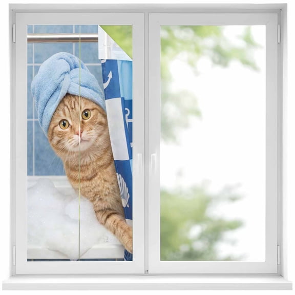 Funny Cat Window Privacy Film, Cute Art Modern Lovely Animals on Showering Blue Static Cling UV Sun Blocking Heat Control Window Tint Day and Night, Non-Adhesive One Way Privacy Cover 19.6''x39.3''