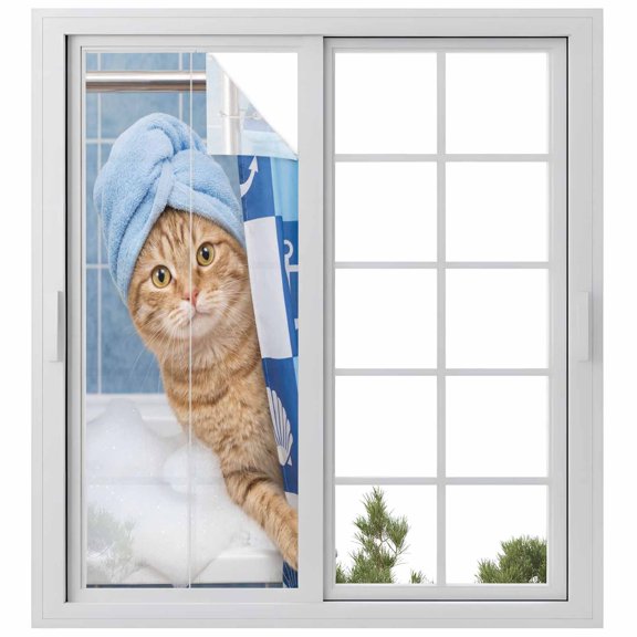 Funny Cat Window Privacy Film, Cute Art Modern Lovely Animals on Showering Blue Static Cling UV Sun Blocking Heat Control Window Tint Day and Night, Non-Adhesive One Way Privacy Cover 23.6''x59''