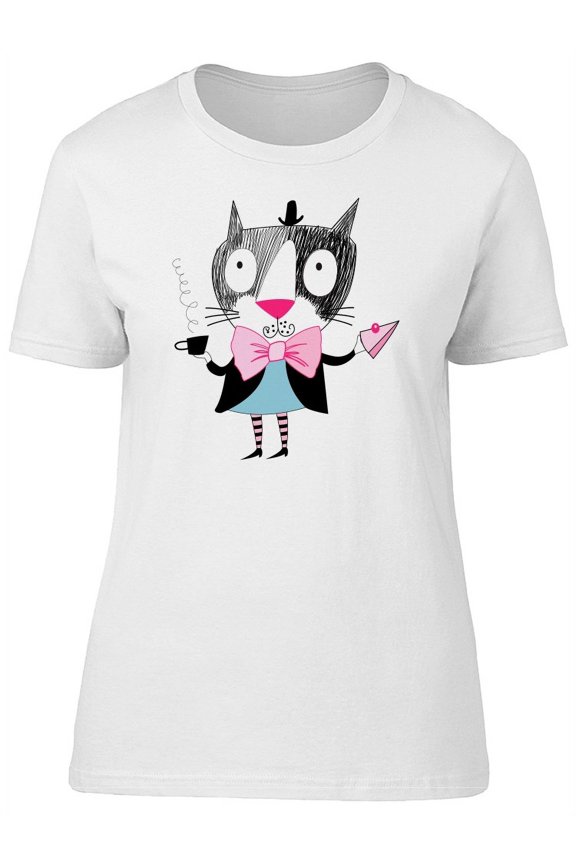 Funny Cat With Cake & Coffeee T-Shirt Women -Image by Shutterstock, Female Small