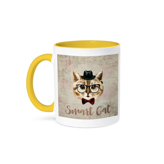3dRose, Funny Cat With Hat And Glasses Watercolor Illustration, 15oz Two-Tone Yellow Mug