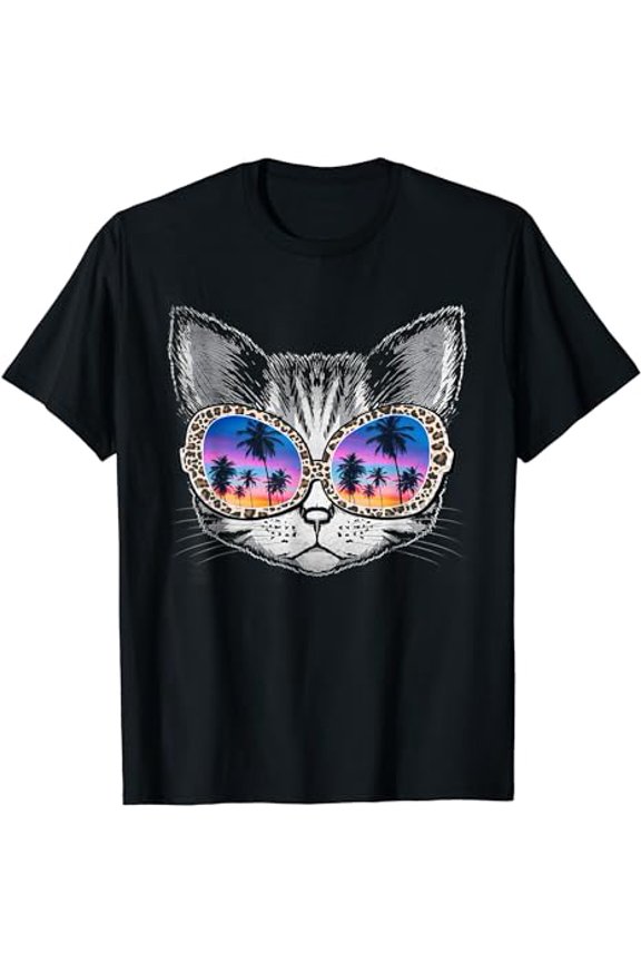 Funny Cat With Leopard Print Sunglasses Beach Summer T-Shirt
