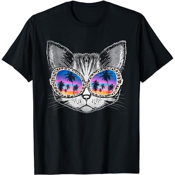 Funny Cat With Leopard Print Sunglasses Beach Summer T-Shirt