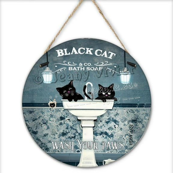 Funny Cat Wooden Sign, Black Cat Wash Your Paws Sign, Round Sign Hanger for Home Toilet Restaurant Kitchen Bar Coffee Wall Decor Art, Cats Gifts for Women Men 12x12 inches