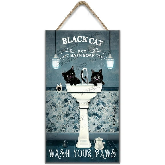 Funny Cat Wooden Sign, Black Cat Wash Your Paws Sign, Sign Hanger for Home Toilet Restaurant Kitchen Bar Coffee Wall Decor Art, Cats Gifts for Women Men 6x12 inches