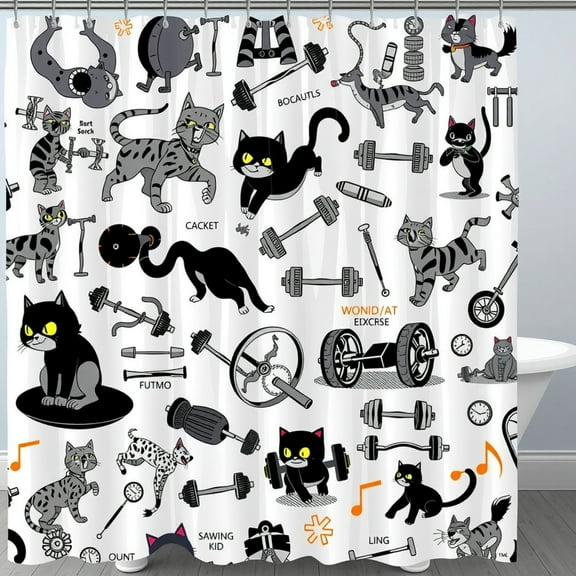 Funny Cat Workout Shower Curtain - Black & Grey Cats with Weights