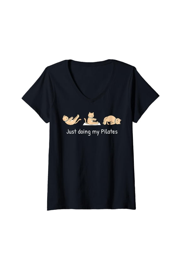 Funny Cat Yoga Print T-Shirt for Women - Just Doing My Pilates Workout Tee