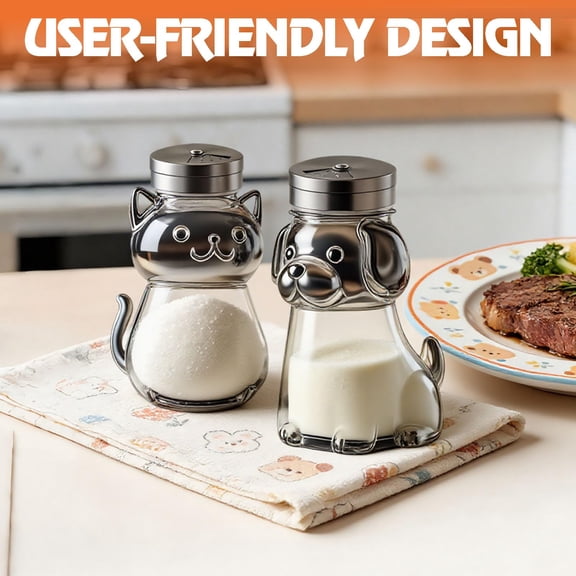 Funny Cat and Dog Salt and Pepper Shaker Set, Cute Glass Seasoning Containers with Adjustable Stainless Steel Lids for Kitchen, Table & RV