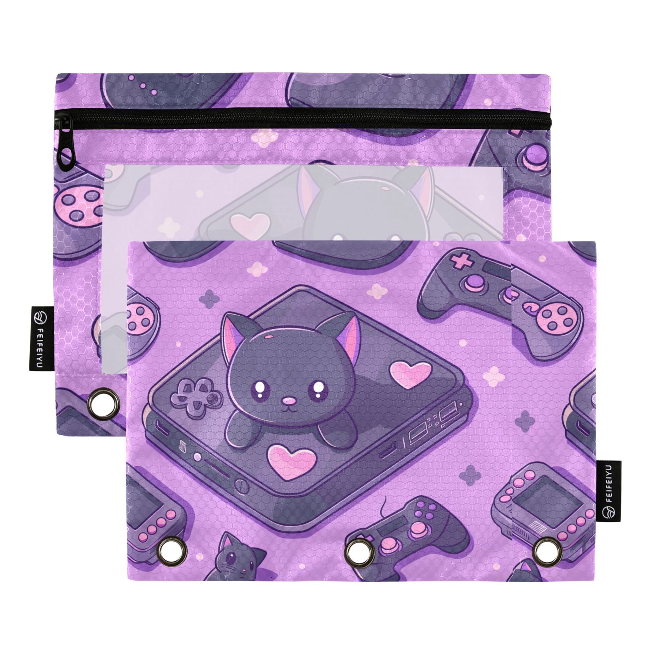 Funny Cat and Game Console 2 Pack Pencil Pouch for 3 Ring Binder Smooth ...