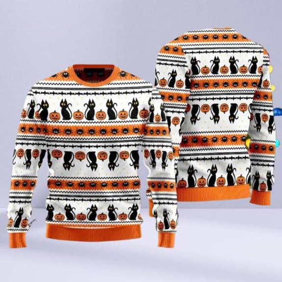 Funny Cat and Pumpkin Sweater – Halloween 3D Fall Sweatshirt, Spooky Season Gift for Cat Lovers and Friends.