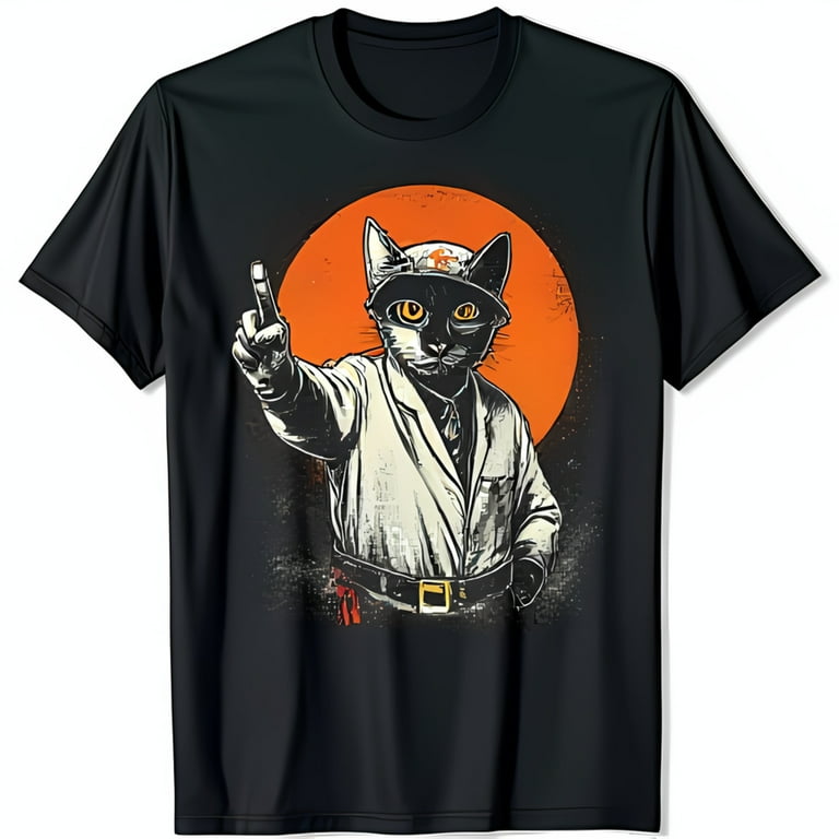 Funny Cat in Graphic Tee Serious Cat Giving Middle Finger with Vintage Sun Design Edgy Black T Shirt Walmart