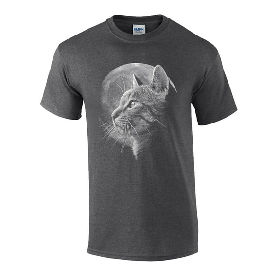 Funny Cat in Moonlight Graphic Adult Short Sleeve T-Shirt-Heather Grey