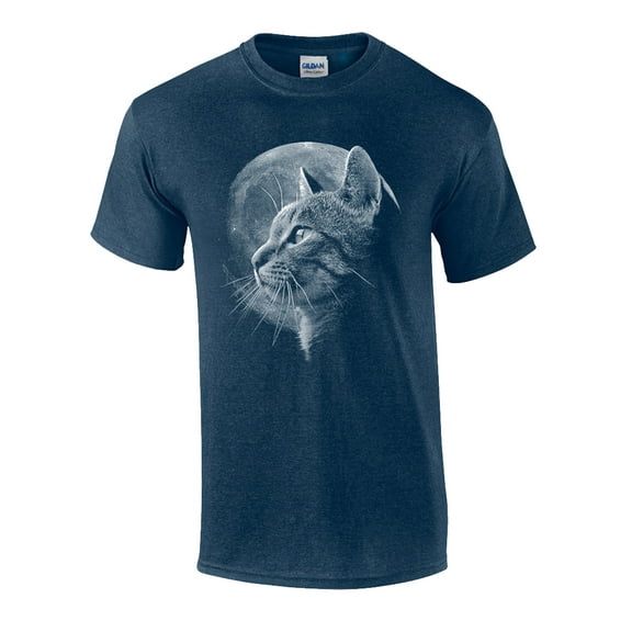 Funny Cat in Moonlight Graphic Adult Short Sleeve T-Shirt-Heather Navy