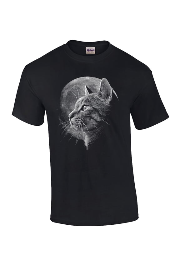 Funny Cat in Moonlight Graphic Adult Short Sleeve T-Shirt-XXL Black