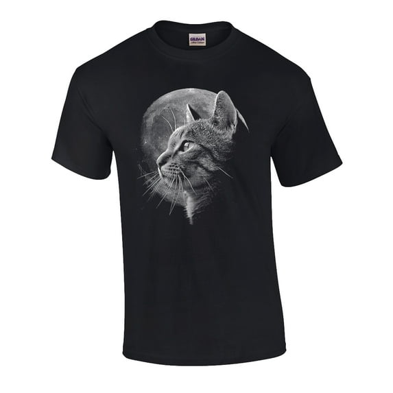 Funny Cat in Moonlight Graphic Adult Short Sleeve T-Shirt-XXXL Black