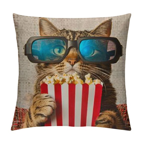 Funny Cat in The Glasses with Popcorn Basket Burlap  Throw Pillow Case Cushion Cover Sofa Outdoor Decorative Square