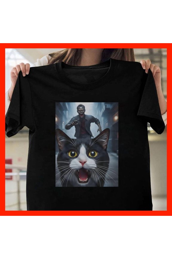 Funny Cat vs Zombie T-Shirt - Cute Black and White Cat Attacked by Zombie in Alleyway - Horror Comedy Graphic Tee M822, for men and women, Extended Sizes Up to 5XL