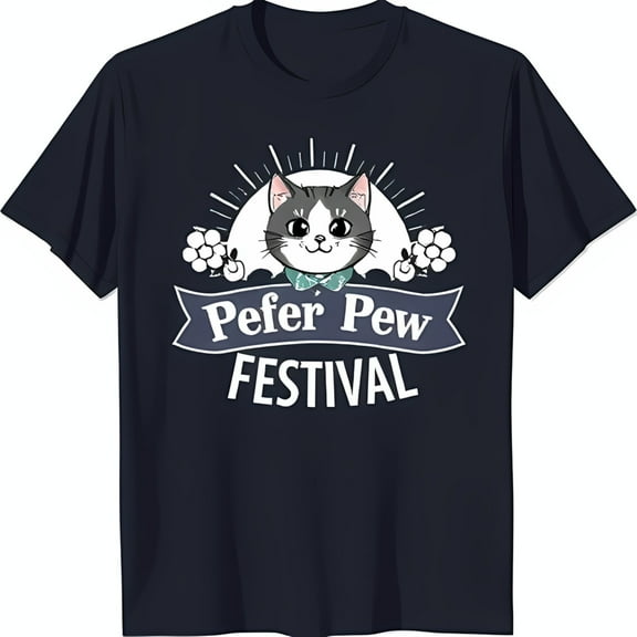 Funny Cat with Green Bow Tie Graphic Tee Pefef Pew Festival Design on Black T-Shirt
