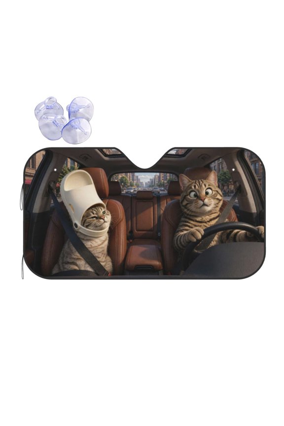 Funny Cat with Slipper on Head Meme Car Windshield Sun Shade, Hilarious Tabby Cat Driving Print Foldable Auto Sunshade Visor, UV Heat Block Protector