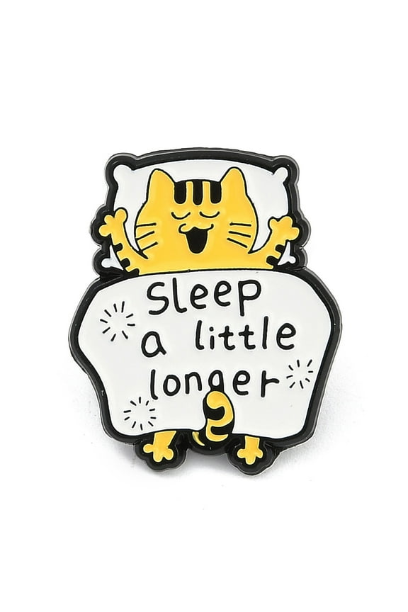Funny Cat with Word Sleep A Little Longer Enamel Pins Alloy Brooches for Backpack Clothes White 24.5x20.5mm