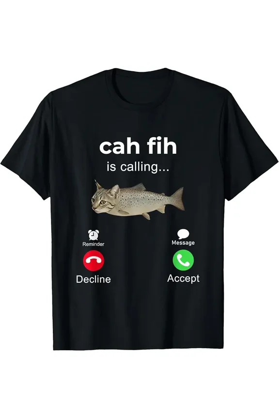 Funny Catfish Hybrid Phone Call Meme Unisex Gift for Cat Lovers Graphic Short Sleeve Casual Tee Shirt