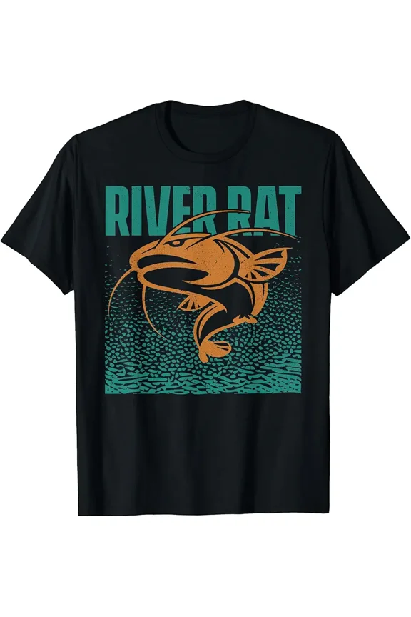 Funny Catfish River Rat Fishing Graphic for Men Short Sleeve Novelty T-Shirt