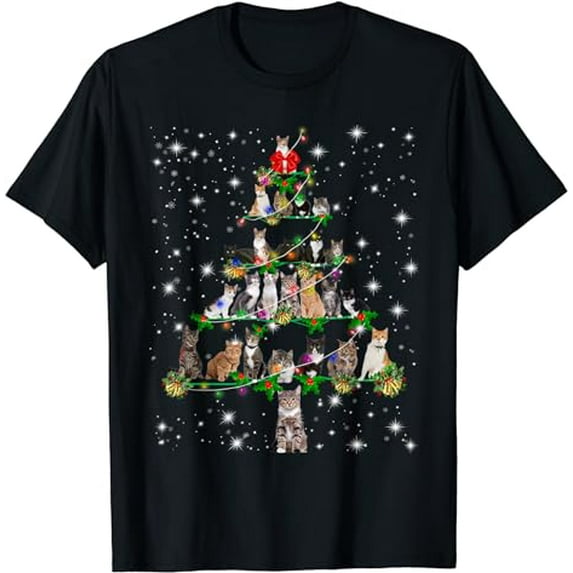Funny Cats Christmas Tree Tee Ornament Decor Gift T-Shirt
