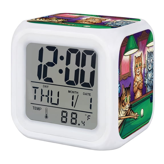 Funny Cats Digital Alarm Clock for Bedrooms, Smart LED Alarm Clock with 7 Color Changing Night Light, Retro Abstract Art Cat Playing Billiards Silent Wake Up Clocks for Sleep Study Cooking 3.2"x3.2"