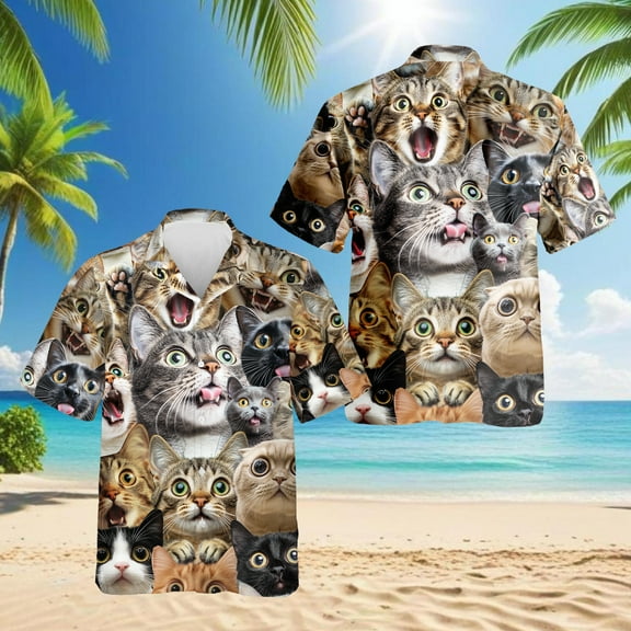 Funny Cats Kittens Hawaiian Shirt for Men, Cat Memes Button Down Summer Beach Short Sleeve, Sizes S-5XL