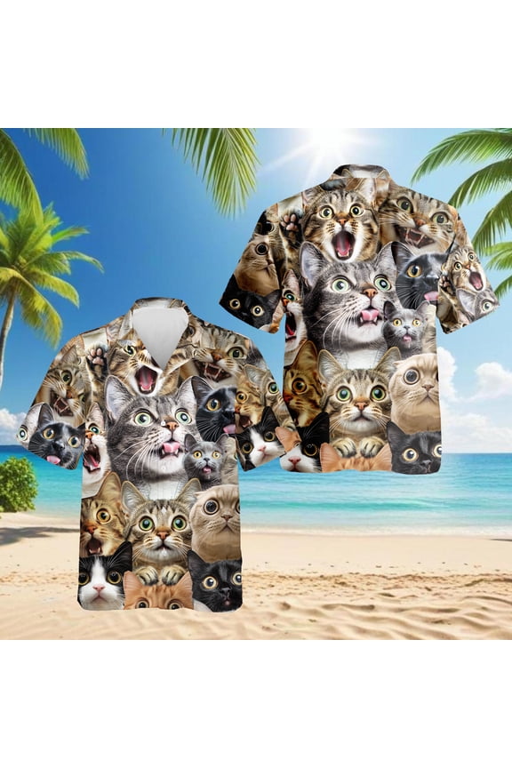 Funny Cats Kittens Hawaiian Shirt for Men, Cat Memes Button Down Summer Beach Short Sleeve, Sizes S-5XL