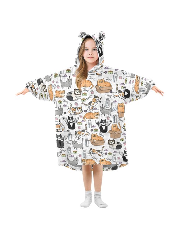 Funny Cats Life Pattern Kids Wearable Blanket Hoodie Toddler Oversized Sherpa Sweatshirt 3-14 YR S