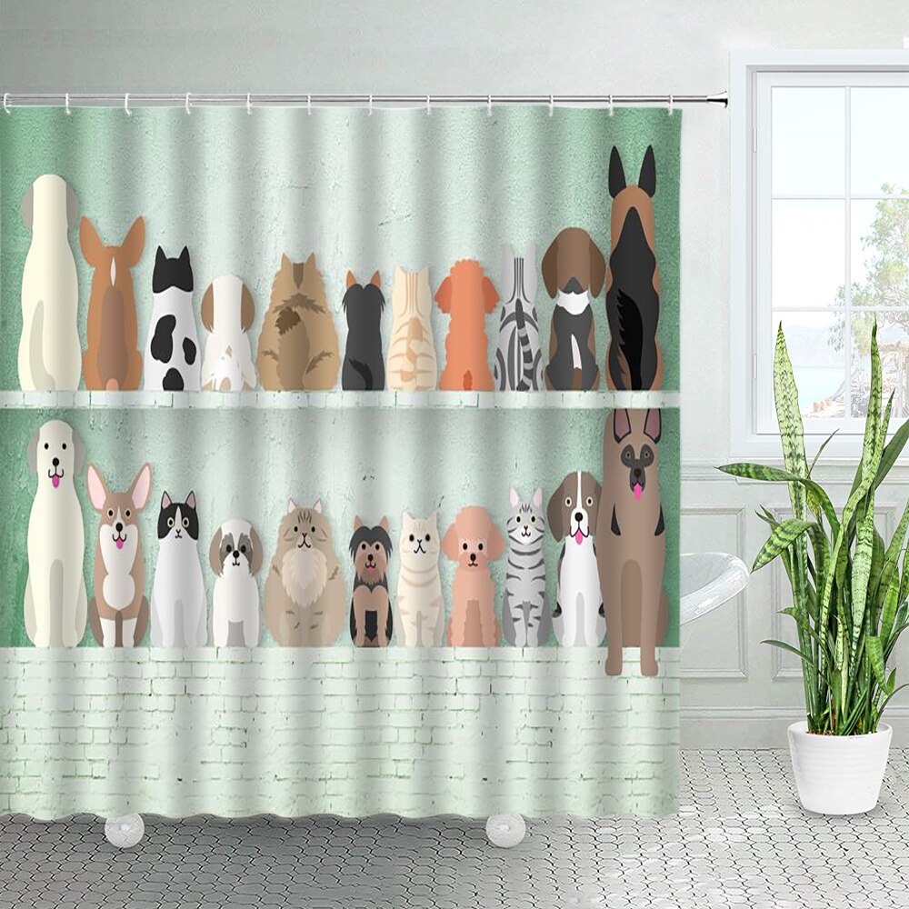 Funny Cats Shower Curtains Cute Dogs Footprints Cartoon Animals