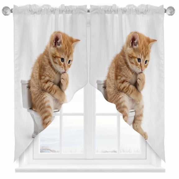 Funny Cats Swag Curtains Cute Art Fun Lovely Animals on Toilets Swag Valances for Kitchen Windows, Window Treatment Topper Curtains for Living Room Bedroom Bathroom, 28" W x 36" L