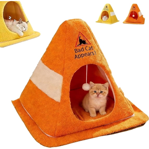 Funny Caution Bad Cat Bed, 2026 Cute Soft Fleece Cozy Zipper Pet House with Detachable Inner Padding(Orange,M)