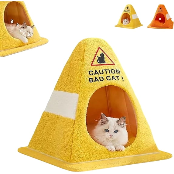 Funny Caution Bad Cat Bed, 2026 Cute Soft Fleece Cozy Zipper Pet House with Detachable Inner Padding(Yellow,L)