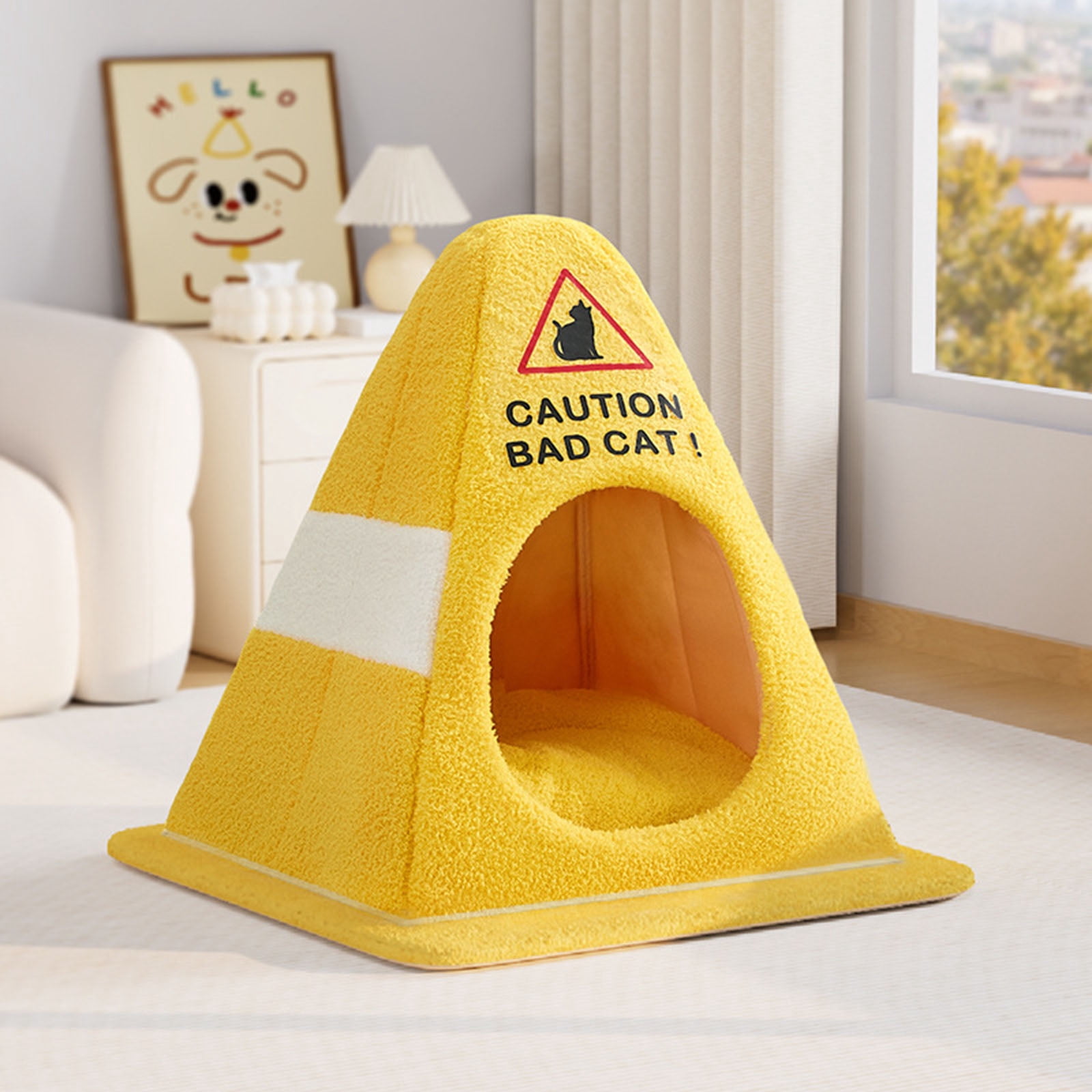 Funny Caution Bad Cat Bed, 2026 Cute Soft Fleece Cozy Zipper Pet House with Detachable Inner Padding