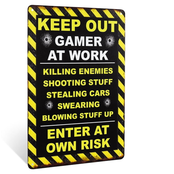 Funny Caution Gamer at Work Keep Out Wall Sign Novelty Metal Bedroom Dorm Man Cave Game Room Door Decor