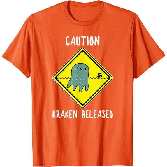 Funny Caution Sign Kraken Octopus Release Softstyle Unisex T-Shirt,Orange Color,Size 5/6