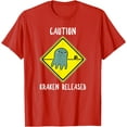 thumbnail image 1 of Funny Caution Sign Kraken Octopus Release Softstyle Unisex T-Shirt,Red Color,Size YM, 1 of 5