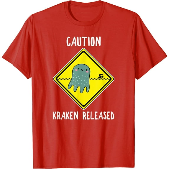 Funny Caution Sign Kraken Octopus Release Softstyle Unisex T-Shirt,Red Color,Size YXL