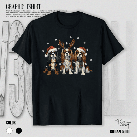Funny Cavalier King Charles Dog Holiday Reindeer Lights T-Shirt V17008, for Men & Women, up to Size 5XL